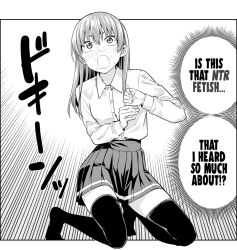 1girl blush breasts collared_shirt cropped dot_nose english_text female_focus full_body highres hiroyuki kanojo_mo_kanojo kneehighs kneeling legs long_hair long_sleeves manga_page miniskirt monochrome official_art open_mouth pleated_skirt saki_saki_(kanojo_mo_kanojo) school_uniform shirt shirt_tucked_in skirt small_breasts socks solo solo_focus sweat sweatdrop thighhighs thighs translated zettai_ryouiki