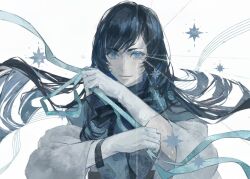 1girl ado_(utaite) aegyo_sal black_hair blue_eyes blue_ribbon chando_(ado) closed_mouth commentary floating_hair highres htt_hatuotuo long_hair long_sleeves looking_at_viewer mole mole_under_eye ribbon simple_background solo upper_body utaite white_background