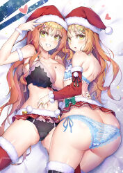 1boy 1girl androgynous ass ass_focus bed_sheet black_bra black_thighhighs blue_bra blue_panties blush bra bra_slip breasts brother_and_sister butt_crack cameltoe christmas commentary_request crossdressing curvy embarrassed gauntlets grin hair_ornament hand_on_another&#039;s_waist hat heart highres hug huge_ass jewelry large_breasts lips long_hair looking_at_viewer looking_back lying miniskirt mole mole_on_breast nail_polish natsusora_aona natsusora_wakana navel novady on_side open_mouth orange_hair original panties pleated_skirt red_skirt red_thighhighs ring santa_costume santa_hat shiny_skin siblings side-tie_panties skindentation skirt smile star_(symbol) star_hair_ornament take_your_pick teeth thighhighs thong trap underwear v wavy_hair wide_hips yellow_eyes