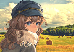 1girl absurdres bbl blue_coat blue_eyes blue_sky brown_hair cloud coat grass grey_hat hat hay_bale highres long_hair looking_at_viewer marcus_(reverse:1999) newsboy_cap outdoors photo_background reverse:1999 scarf sky smile solo tree upper_body white_scarf