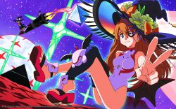 2girls 2others absurdres adapted_costume angel_(evangelion) artist_request ass ayanami_rei blue_eyes blue_hair breasts brown_hair chibi covered_navel crossed_legs curvy demon_girl elbow_gloves empty_eyes fake_wings female_focus flying full_body gloves grabbing_another&#039;s_hand hair_between_eyes halloween halloween_costume hat highleg highleg_leotard highres interface_headset_(evangelion) leotard long_hair looking_at_viewer looking_to_the_side mass_production_eva mecha_pilot_suit medium_breasts multiple_girls multiple_others neon_genesis_evangelion night night_sky plugsuit_(evangelion) ramiel_(evangelion) rocket shiny_clothes shiny_skin short_hair sky smile souryuu_asuka_langley surreal thighs thong thong_leotard v very_long_hair white_leotard wide_hips wings witch_hat