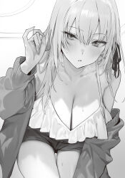 1girl blush breasts cleavage collarbone downer-kei_gyaru_no_yukikawa-san_ga_nazeka_houkago_ni_naruto_ore_no_ie_ni_kayou_you_ni_natta_ken frills greyscale highres large_breasts long_hair monochrome non-web_source novel_illustration off_shoulder official_art open_mouth ribbon shorts sidelocks sweat thighs third-party_source yukikawa_tsukino yuyu_(yuyuworks)