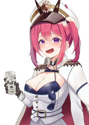 1girl absurdres bikini breasts cleavage detached_sleeves fang goddess_of_victory:_nikke hair_ornament hat highres large_breasts looking_at_viewer mast_(nikke) open_mouth pink_eyes pink_hair pirate_hat skin_fang skull_hair_ornament smile solo swimsuit twintails yusya_(yusya3979)