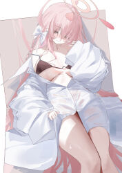 1girl a_fangfang_fang_fang absurdres ahoge bare_legs bikini black_bikini blue_archive blush bow breasts collarbone feet_out_of_frame green_eyes hair_bow halo hanako_(blue_archive) hanako_(swimsuit)_(blue_archive) head_tilt highres huge_ahoge large_breasts light_smile long_braid long_hair no_pants oversized_clothes oversized_shirt pink_hair shirt sitting solo strap_slip string_bikini sweat swimsuit very_long_hair white_bow white_shirt