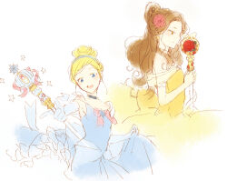 2girls beauty_and_the_beast_(disney) belle_(disney) blonde_hair brown_hair cinderella_(disney_character) cinderella_(disney_movie) dress earrings gloves gown hakusai_(tiahszld) jewelry long_hair magical_girl multiple_girls princess princess_dress sketch smile wand