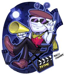 Rule 34 | 1boy, adjusting eyewear, ant tenna, black pants, blue outline, brown hat, brown shoes, chair, collared shirt, commentary, crossed legs, crt, deltarune, drawloverlala, english commentary, film strip, full body, gloves, hat, holding, holding megaphone, male focus, megaphone, object head, on chair, outline, pants, pointy nose, red vest, scarf, shirt, shoes, sitting, solo, star (symbol), sunglasses, transparent background, vest, white gloves, white shirt, yellow scarf