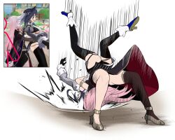 Rule 34 | 2girls, ass, asymmetrical legwear, black gloves, blue eyes, blue hair, breasts, chain, chain headband, detached sleeves, german suplex, gloves, hair intakes, hololive, hololive english, large breasts, legs over head, long hair, mismatched legwear, mori calliope, mori calliope (1st costume), motion lines, multiple girls, ouro kronii, ouro kronii (1st costume), pink hair, short hair, simple background, speed lines, suplex, tamagoh7, upside-down, virtual youtuber, white background, wrestling
