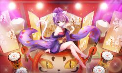 1girl animal_ears artist_request bare_legs barefoot bow bow-shaped_hair cat_ears cat_girl cat_tail crossed_legs darudayu_(show_by_rock!!) drum drumsticks eyeshadow floral_print folding_fan folding_screen from_above full_body hair_ornament hair_stick hand_fan hand_up holding holding_drumsticks holding_fan instrument japanese_clothes kimono leaf_print legs lens_flare looking_at_viewer makeup multicolored_hair obi off_shoulder official_art purple_hair purple_kimono red_eyeshadow sash short_hair show_by_rock!! sitting slit_pupils solo sparkle stage stage_lights streaked_hair tail third-party_source tsuzumi waist_bow yellow_eyes