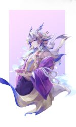 1girl absurdres arknights bare_shoulders blonde_hair blue_eyes blue_hair border braid camisole chinese_commentary closed_mouth colored_extremities commentary_request cropped_legs dragon_girl dragon_horns earrings flower grey_hair hair_between_eyes hair_flower hair_ornament hair_over_shoulder highres holding horns jacket jewelry long_hair looking_at_viewer multicolored_hair off_shoulder official_alternate_costume pink_background pointy_ears profile purple_jacket shu_(arknights) shu_(spring_feast)_(arknights) smile solo standing white_border xinjinjumin181524647740 yellow_camisole