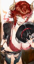 1girl absurdres black_chaps black_choker black_gloves black_hat black_jacket black_nails black_shorts breasts choker cleavage commentary dragon_girl dragon_horns fingerless_gloves gloves hand_on_own_hip hat highres holding holding_unworn_clothes holding_unworn_hat holster horns jacket jewelry large_breasts looking_at_viewer nail_polish open_mouth red_hair red_shirt ring shirt short_hair short_shorts shorts single_glove sleeplessrhythm smile solo symbol-only_commentary thigh_holster unworn_hat unworn_headwear virtual_youtuber vshojo yellow_eyes zentreya zentreya_(dragon) zentreya_(dragon)_(outlaw)