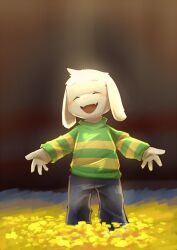 1boy asriel_dreemurr blue_pants blush closed_eyes commentary english_commentary facing_viewer fangs field floppy_ears flower flower_field furry furry_male male_focus open_mouth pants skin_fangs smile striped_clothes striped_sweater sweater undertale white_fur yama_wolfsoul yellow_flower