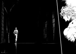 backless_outfit birthmark comic darkness dio_brando earrings from_behind greyscale jewelry joestar_birthmark jojo_no_kimyou_na_bouken merumeru626 monochrome scenery screentones silent_comic sleeveless sleeveless_turtleneck stardust_crusaders turtleneck window