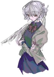 1girl bow bowtie chinese_commentary closed_mouth collared_dress commentary_request cropped_legs crossed_arms dress grey_jacket highres jacket kishin_sagume open_clothes open_jacket purple_dress red_bow red_bowtie red_eyes short_hair simple_background single_wing sketch solo touhou white_background white_hair white_wings wings yorukiko