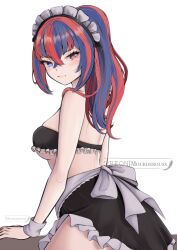1girl alternate_hairstyle apron bare_shoulders blue_eyes blue_hair blush breasts crossed_bangs female_alear_(fire_emblem) fire_emblem fire_emblem_engage hair_between_eyes heterochromia highres long_hair looking_at_viewer maid maid_apron maid_headdress medium_breasts mourderousx multicolored_hair nintendo ponytail red_eyes red_hair skindentation smile solo split-color_hair thighs two-tone_hair wrist_cuffs