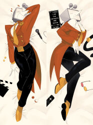 1boy absurdres aesterlite ant_tenna belt black_belt black_pants blush commentary controller dakimakura_(medium) deltarune english_commentary english_text full_body gloves hand_on_own_head hand_on_own_leg heart highres lying male_focus microphone multiple_views necktie object_head on_back on_side pants remote_control shirt shoes smile tailcoat unworn_belt unworn_eyewear white_gloves white_shirt yellow_necktie yellow_shoes