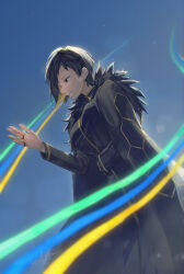 1girl binah_(project_moon) black_coat black_dress black_eyes black_hair blonde_hair blue_sky breasts coat coat_on_shoulders colored_inner_hair dress gold_trim hand_up highres jewelry limbus_company lobotomy_corporation long_sleeves multicolored_hair open_mouth project_moon ring sky smile solo york0pm