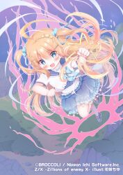 1girl blonde_hair blue_bow blue_eyes blue_sailor_collar blue_skirt blue_sky blush bow bush cowlick hair_ornament hairclip hanasakichu highres incoming_attack kneehighs long_hair looking_at_viewer magic mountain official_art open_mouth purple_footwear purple_socks sailor_collar shirt skirt sky smile socks standing standing_on_one_leg star-shaped_pupils star_(symbol) star_hair_ornament symbol-shaped_pupils two_side_up watermark white_shirt x-micamo z/x