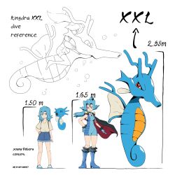 1girl aged_down arrow_(symbol) black_cape blue_bodysuit blue_boots blue_eyes blue_gloves blue_hair bodysuit boots cape clair_(pokemon) closed_mouth commentary floating_cape gen_1_pokemon gloves hand_on_own_hip height high_heel_boots high_heels highres horsea knees long_hair multiple_views nintendo pokemon pokemon_(creature) pokemon_hgss ponytail psaber97 riding riding_pokemon shirt shoes short_sleeves shorts standing twitter_username white_background
