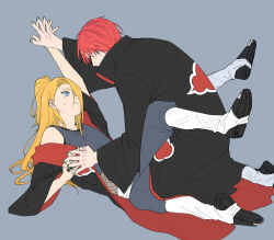 2boys akatsuki_uniform between_legs black_nails blonde_hair blush crop_top deidara_(naruto) eyeliner fishnet_top fishnets green_nails hayamin35 high_ponytail holding_hands jewelry long_hair looking_at_another lying makeup male_focus multiple_boys naruto_(series) naruto_shippuuden nervous_sweating on_back open_clothes open_robe pants ponytail red_hair ring robe sandals sasori_(naruto) short_hair sweat sweatdrop yaoi