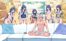 Rule 34 | 1boy, 5girls, abs, blue hair, blue kimono, blue pubic hair, blush, bottomless, breasts, breasts out, casting couch, closed mouth, colored pubic hair, couch, covered navel, female pubic hair, fire emblem, fire emblem awakening, fire emblem cipher, fire emblem heroes, grin, harem, highres, indian style, japanese clothes, kimono, long hair, long sleeves, lucina (fire emblem), lucina (valentine) (fire emblem), male robin (fire emblem), meme, multiple girls, multiple persona, muscular, muscular male, nintendo, nipples, nude, obi, official alternate costume, on couch, piper perri surrounded (meme), pubic hair, pussy, role reversal, sash, short hair, sitting, small breasts, smile, surrounded, swimsuit, tiara, topless male, twitter username, white hair, you gonna get raped, yusi vishnu