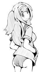 Rule 34 | 1girl, cowboy shot, greyscale, hairband, hand in pocket, i-26 (kancolle), jacket, kantai collection, monochrome, sailor collar, short sleeves, simple background, solo, swimsuit, swimsuit under clothes, task (s task80), two side up, white background