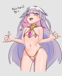 1girl arrivedcold bikini colored_inner_hair flat_chest gem gradient_hair grey_background grey_hair highres hololive hololive_english jewel_under_eye koseki_bijou long_hair looking_at_viewer multicolored_hair navel open_mouth pink_gemstone pink_hair purple_eyes revealing_clothes solo swimsuit virtual_youtuber