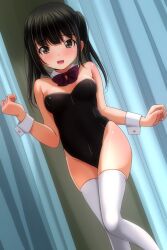 1girl black_hair black_leotard blush bow bowtie breasts brown_eyes changing_room curtains detached_collar dressing_room highres leotard long_hair looking_at_viewer matsunaga_kouyou open_mouth original playboy_bunny purple_bow purple_bowtie small_breasts smile standing teeth thighhighs twintails white_thighhighs wrist_cuffs