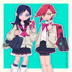 2girls :&gt; :/ aqua_background arcane:_league_of_legends artist_name backpack bag bike_shorts black_gloves black_sailor_collar blue_eyes blue_hair blue_nails blue_skirt border bow bowtie boxing_gloves caitlyn_(league_of_legends) camera_flash cardigan cellphone charm_(object) closed_mouth collared_shirt dated earrings eyebrow_cut facial_tattoo female_focus frilled_skirt frills gloves green_eyes grey_cardigan half-closed_eyes hand_up hands_up happy highres holding holding_phone iwse_zhang jewelry league_of_legends legs legs_together long_hair long_sleeves looking_at_viewer loose_socks middle_finger miniskirt multiple_earrings multiple_girls nail_polish neckerchief number_tattoo open_cardigan open_clothes outline outside_border parted_bangs phone red_bow red_bowtie red_hair red_neckerchief roman_numeral sailor_collar school_bag school_uniform shirt short_hair shoulder_bag sidelocks signature simple_background skirt smartphone smile socks standing taking_picture tattoo teemo unworn_gloves v-shaped_eyebrows vi_(league_of_legends) white_border white_outline white_shirt white_socks