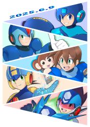 Rule 34 | 5boys, absurdres, arm cannon, armor, battle chip, blue armor, blue eyes, blue helmet, brown hair, data (mega man), dated, forehead jewel, green eyes, helmet, highres, in-franchise crossover, l861021176, mega man (character), mega man (classic), mega man (series), mega man battle network (series), mega man day, mega man legends (series), mega man star force (series), mega man volnutt, mega man x (series), megaman.exe, multiple boys, netnavi, red-tinted eyewear, short hair, star force mega man, thumbs up, tinted eyewear, upper body, weapon, x (mega man)