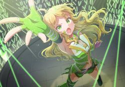 1girl ahoge asymmetrical_footwear black_footwear blonde_hair boots cropped_jacket eyelashes fingerless_gloves from_above gloves glowstick green_eyes green_footwear green_gloves green_jacket green_shorts highres hoshii_miki idolmaster idolmaster_(classic) idolmaster_million_live! idolmaster_million_live!_theater_days jacket messy_hair mismatched_footwear open_mouth shorts single_boot solo_focus stage suruga_tou v-shaped_eyebrows wavy_hair wing_collar