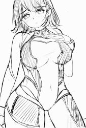 Rule 34 | 1girl, blunt bangs, blush, bodysuit, breast suppress, breasts, commentary request, cosplay, covered navel, cowboy shot, embarrassed, flipped hair, greyscale, hatching (texture), highres, kaudon, large breasts, linear hatching, link! like! love live!, looking at viewer, love live!, momose ginko, monochrome, nose blush, official alternate costume, short hair, simple background, sketch, solo, virtual youtuber, white background