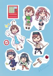 Rule 34 | 0 0, absurdres, ahoge, amaoto (lasterator), armband, blazer, blue background, dress, gekota, head-mounted display, head wreath, highres, jacket, kendama, last order (toaru majutsu no index), misaka imouto, misaka mikoto, pleated dress, polearm, polka dot, polka dot dress, sakugawa school uniform, saten ruiko, school uniform, serafuku, shirai kuroko, sign, simple background, skirt, skirt flip, spear, stuffed animal, stuffed frog, stuffed toy, toaru kagaku no railgun, toaru majutsu no index, tokiwadai school uniform, uiharu kazari, vending machine, weapon