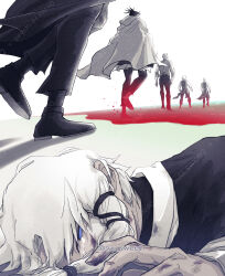 blood blood_on_feet blood_on_ground blue_eyes cape crying crying_with_eyes_open dirty_hands highres kagurabachi lying on_ground ponytail pool_of_blood rokuhira_chihiro sazanami_hakuri sazanami_kyora sazanami_soya sazanami_tenri shoes single_sidelock swee2_pxv tears uruha_youji vest waistcoat walking walking_on_liquid white_cape white_hair