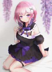 Rule 34 | 1girl, absurdres, bad id, bad pixiv id, bandages, black dress, bow, busou kanojo, closed mouth, dress, fishnet thighhighs, fishnets, flower, frills, fujisaki touka, hair ornament, highres, kazanock, looking at viewer, medium hair, purple bow, purple eyes, purple hair, single thighhigh, sitting, smile, solo, thighhighs, virtual youtuber, wisteria, x hair ornament