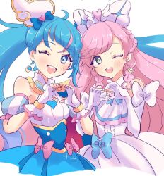 Rule 34 | 2girls, ahoge, arm bow, ascot, bare shoulders, blue bow, blue cape, blue corset, blue eyes, blue hair, blue ribbon, blue skirt, blue sleeves, bow, bow skirt, bracelet, braid, buttons, cape, center frills, collared shirt, commentary, corset, cropped torso, cure prism, cure sky, detached sleeves, dot nose, dress, dress bow, earrings, elbow gloves, eyelashes, fingerless gloves, floating hair, frilled gloves, frilled sleeves, frills, gloves, gold bracelet, guri (ak1002s), hair bow, hair ornament, halter shirt, halterneck, happy, heart, heart-shaped hair, heart hair ornament, heart hands, hirogaru sky! precure, jewelry, large bow, light blush, long hair, magical girl, multicolored hair, multiple braids, multiple girls, neck ribbon, nijigaoka mashiro, one eye closed, open mouth, pink bow, pink hair, pleated dress, pleated skirt, precure, puffy short sleeves, puffy sleeves, red cape, ribbon, shirt, short sleeves, side braids, side cape, simple background, single shoulder pad, skirt, smile, sora harewataru, sparkle, sphere earrings, streaked hair, symbol-only commentary, teeth, twin braids, twintails, two-tone hair, two-tone sleeves, upper teeth only, very long hair, white ascot, white background, white bow, white dress, white gloves, white shirt, white sleeves, wing hair ornament, winged heart