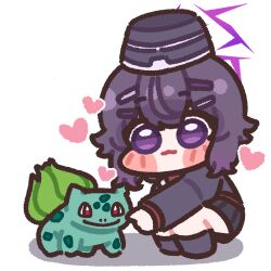 blue_archive blush_stickers bugi_33 bulbasaur chibi chibi_only gen_1_pokemon halo happy haruka_(blue_archive) heart looking_at_another squatting white_background