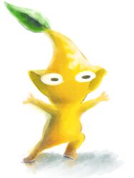 Rule 34 | absurdres, black eyes, colored skin, commentary request, creature, creature focus, highres, iat-418, leaf, looking ahead, nintendo, no humans, no mouth, outstretched arms, pikmin (creature), pikmin (series), pointy ears, reflective floor, shadow, simple background, solo, standing, white background, yellow pikmin, yellow skin