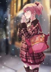 10s 1girl akagi_miria badge bag bag_charm black_boots blurry boots bow breath buckle building button_badge buttons charm_(object) cowboy_shot depth_of_field double-breasted e20 earrings female_focus fingernails from_side fur-trimmed_jacket fur_trim hair_bow handbag heart heart_earrings heart_necklace heart_print highres idolmaster idolmaster_cinderella_girls jacket jewelry jougasaki_mika jougasaki_rika long_fingernails long_hair long_sleeves looking_away miniskirt nail_polish necklace night open_mouth outdoors own_hands_together peace_symbol peacoat pendant pink_hair pink_nails plaid_bow plaid_clothes plaid_jacket ponytail profile red_skirt ring short_ponytail skirt smiley_face snow snowing solo thigh_boots thighhighs turtleneck yellow_eyes zettai_ryouiki