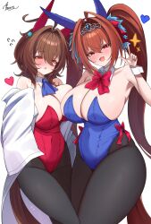 2girls absurdres agnes_tachyon_(umamusume) ahoge animal_ears black_pantyhose blue_leotard bow bowtie breast_press breasts brown_hair commentary_request covered_navel cowboy_shot daiwa_scarlet_(umamusume) detached_collar fake_animal_ears fang hair_intakes highres horse_girl horse_tail huge_breasts leotard long_hair multiple_girls open_mouth orange_eyes pantyhose playboy_bunny rabbit_ears red_bow red_bowtie red_eyes red_leotard simple_background standing strapless strapless_leotard symmetrical_docking tail takatu_nanto tiara twintails umamusume white_background wrist_cuffs