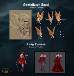 2girls angel_girl angel_wings annihilator_angel blonde_hair blue_eyes cane cape chronicles_of_the_wolf concept_art cowl dress hand_fan hat highres junki_sakuraba lady_carmine long_hair migami_games monster_girl multiple_girls official_art p_qube pantyhose pixel_art pixelheart red_dress sketch skirt sword weapon wings