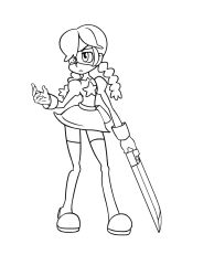 1girl alex_ahad_(style) animated animated_gif annie_(skullgirls) belt belt_pouch boots braid child deviantart eyepatch female_focus fighting_stance frown highres karoon_mcdowell lineart long_sleeves monochrome pouch puffy_long_sleeves puffy_sleeves simple_background skirt skullgirls solo sword thigh_boots thighhighs twin_braids weapon white_background wrist_cuffs
