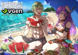 1boy 1girl beach bikini black_bikini breasts cleavage commission female_shez_(fire_emblem) fire_emblem fire_emblem:_three_houses fire_emblem_heroes fire_emblem_warriors:_three_hopes flower food fruit green_eyes green_hair hair_flower hair_ornament highres large_breasts male_byleth_(fire_emblem) male_swimwear meansary nintendo ocean official_alternate_costume one_eye_covered outdoors picnic purple_eyes purple_hair shaved_ice swim_trunks swimsuit vgen_commission vgen_logo watermelon