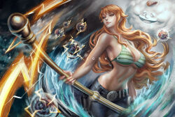 Rule 34 | 1girl, artist name, bare shoulders, baseball cap, bikini, bikini top only, blue pants, breasts, cleavage, clima-tact, closed mouth, cloud, commentary, denim, earrings, electricity, english commentary, green bikini, hat, holding, holding staff, holding weapon, jeans, jewelry, large breasts, long hair, midriff, nami (one piece), nami (one piece) (return to sabaody), navel, one piece, open mouth, orange eyes, orange hair, pants, smile, staff, swimsuit, underboob, vinrylgrave, weapon, zeus (one piece)
