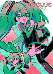 2girls :3 black_footwear black_skirt blush_stickers boots character_name chibi detached_sleeves drop_shadow dual_persona feet_out_of_frame floating_hair floating_neckwear food foot_up green_eyes green_hair green_nails green_necktie grey_shirt hatsune_miku highres holding holding_food holding_spring_onion holding_vegetable honeycomb_(pattern) long_hair looking_at_viewer menma_(enaic31) miku_miku_ni_shite_ageru_(vocaloid) multiple_girls necktie o_o open_mouth pink_background pleated_skirt shirt skirt sleeveless sleeveless_shirt smile spring_onion swirl thigh_boots thighhighs twintails two-handed two-tone_background v-shaped_eyebrows vegetable very_long_hair vocaloid white_background zettai_ryouiki