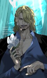 1boy aged_up blonde_hair blue_eyes blue_shirt cigarette curly_eyebrows facial_hair flower hair_over_one_eye hannacott_la highres jacket long_hair male_focus mustache_stubble one_piece sanji_(one_piece) shirt smoking solo stubble suit_jacket