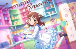 1girl belt blurry brown_hair cabinet ceiling_light cup double_bun drawer dress english_text frilled_dress frills game_cg hair_bun holding idolmaster idolmaster_cinderella_girls idolmaster_cinderella_girls_starlight_stage licking_lips mug munakata_atsumi official_art purple_eyes sailor_collar solo tongue tongue_out whisk white_dress window_blinds