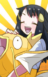 Rule 34 | 1girl, :d, akari (pokemon), alternate color, black hair, blush, closed eyes, commentary request, eyelashes, gen 1 pokemon, hair ornament, hairclip, happy, highres, holding, holding pokemon, long hair, magikarp, nintendo, open mouth, pokemon, pokemon (creature), pokemon legends: arceus, sasami 642, shiny pokemon, shirt, short sleeves, sidelocks, smile, t-shirt, teeth, tongue, upper teeth only, white shirt