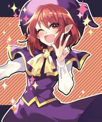 Rule 34 | 1girl, ;d, bow, capelet, dress, fang, fang out, hat, highres, katayama kei, kirisame marisa, kirisame marisa (pc-98), long skirt, long sleeves, one eye closed, open mouth, outline, pointy ears, puffy sleeves, purple capelet, purple headwear, purple skirt, purple vest, red eyes, red hair, shirt, short hair, skirt, smile, sparkle, story of eastern wonderland, touhou, touhou (pc-98), vest, white outline, white shirt, witch hat, yellow bow