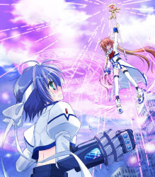 Rule 34 | 00s, 2girls, arm up, battle, blue hair, blush, bow, bowtie, dress, gauntlets, green eyes, headband, light rays, long hair, long sleeves, lyrical nanoha, magazine (weapon), magic circle, magical girl, mahou shoujo lyrical nanoha, mahou shoujo lyrical nanoha strikers, multiple girls, raising heart, raising heart (accel mode), red bow, red bowtie, red hair, revolver knuckle, shoes, shuuhei (artist), shuuhei (shoohey), single gauntlet, subaru nakajima, takamachi nanoha, takamachi nanoha (aggressor mode), thighhighs, twintails, uniform, very long hair, waist cape, white devil, white dress, winged footwear, wings