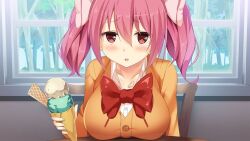 1girl blush bow bowtie breasts chair commentary english_commentary food hair_between_eyes holding holding_food holding_ice_cream huge_breasts ice_cream indoors looking_at_viewer moe!_ninja_girls momochi_myu official_art on_chair open_mouth oppai_loli orange_shirt pink_eyes pink_hair red_bow red_bowtie second-party_source shirt short_twintails solo twintails window